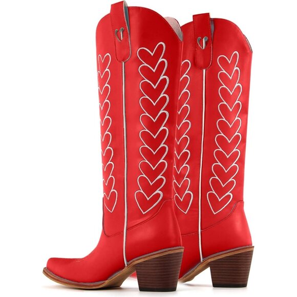 Women's Red Hearts Cute Embroidery Chunky Knee Block High Heel Western Boots - Picture 4 of 4